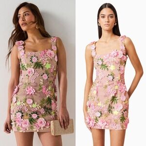 Elliatt Aella Embroidered Floral Mini Dress In Pink - Size Small